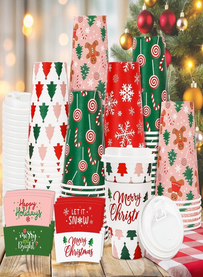 JarThenaAMCS 100 Sets 16oz Christmas Disposable Coffee Cups With Lids And Sleeves Festive Xmas Design Paper Drinking Cups For Winter Home Office Party Supplies - Image 1
